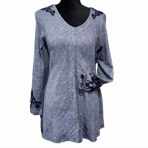 CJ Banks Tunic Top Marled Blue Floral Embroidery Long Sleeve Pockets MP